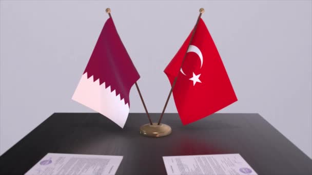 Qatar Turchia Bandiere Occasione Della Riunione Politica Animazione Affare — Video Stock
