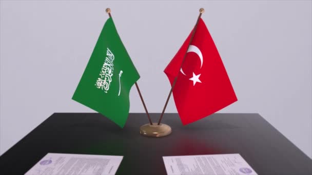 Szaúd Arábia Törökország Zászlói Politikai Találkozón Üzleti Ajánlat Animáció — Stock videók