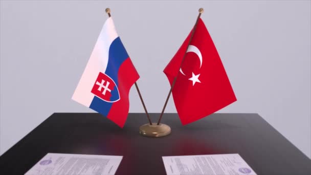 斯洛伐克和土耳其在政治会议上高举国旗 商业交易动画 — 图库视频影像