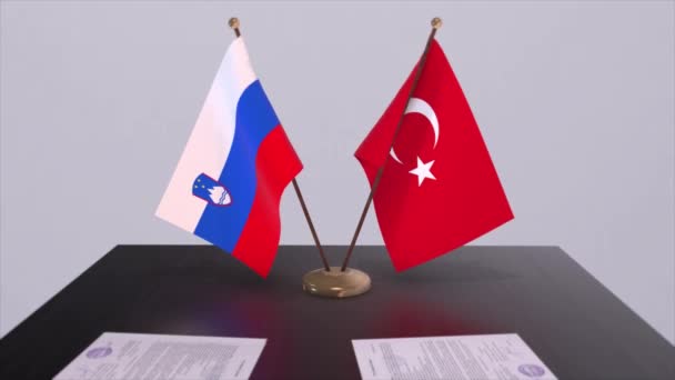 斯洛文尼亚和土耳其在政治会议上高举国旗 商业交易动画 — 图库视频影像