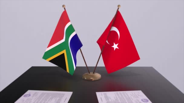 South Africa Turkey Flags Politics Meeting Business Deal Animation — Stock Video