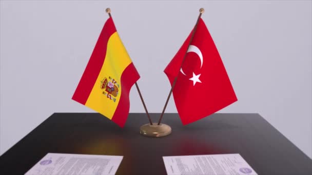 西班牙和土耳其在政治会议上高举国旗 商业交易动画 — 图库视频影像