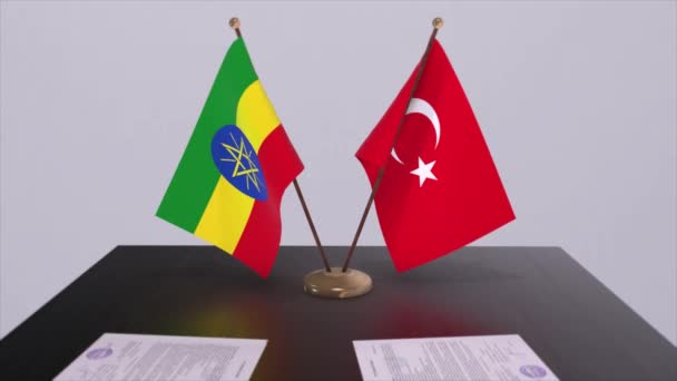 埃塞俄比亚和土耳其在政治会议上高举国旗 商业交易动画 — 图库视频影像