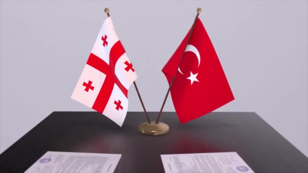 格鲁吉亚和土耳其在政治会议上高举国旗 商业交易动画 — 图库视频影像