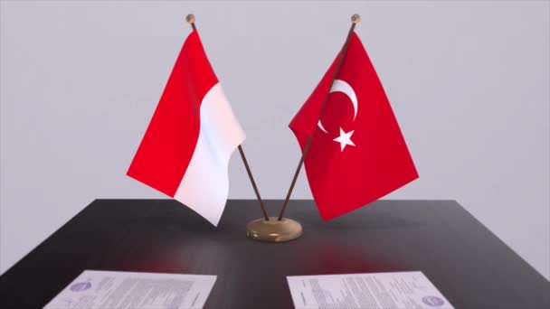 Flaggen Indonesiens Und Der Türkei Beim Politischen Treffen Animation Von — Stockvideo