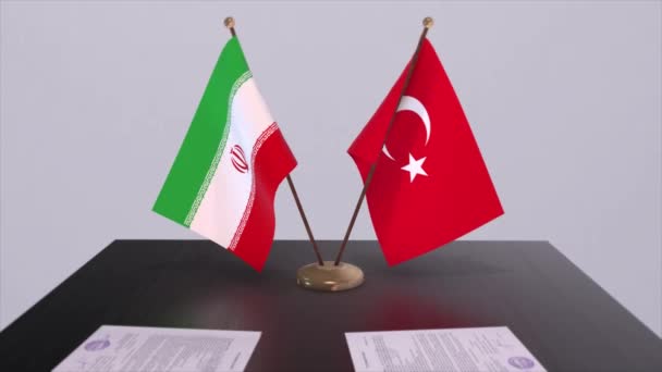 伊朗和土耳其在政治会议上高举国旗 商业交易动画 — 图库视频影像