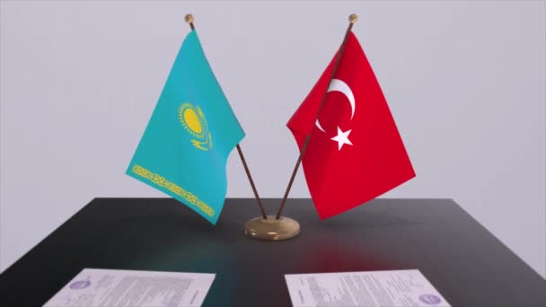哈萨克斯坦和土耳其在政治会议上高举国旗 商业交易动画 — 图库视频影像