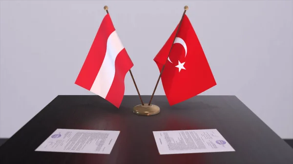 Austria and Turkey flags at politics meeting. Business deal 3D illustration.