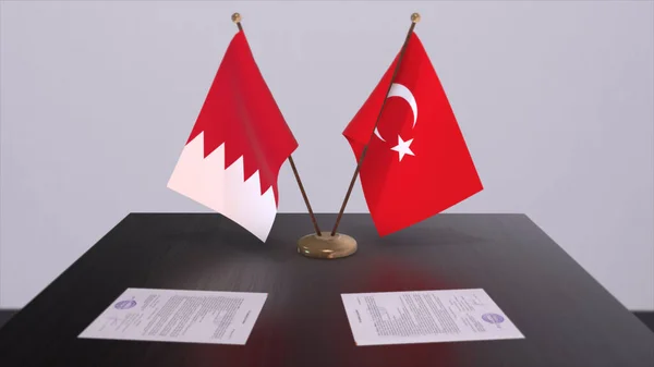 Bahrain and Turkey flags at politics meeting. Business deal 3D illustration.