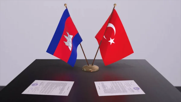 Cambodia and Turkey flags at politics meeting. Business deal 3D illustration.
