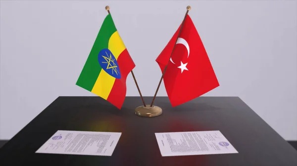Ethiopia and Turkey flags at politics meeting. Business deal 3D illustration.
