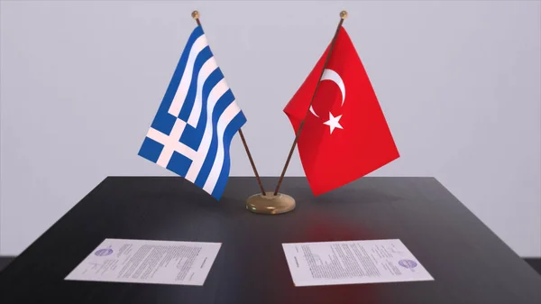 stock image Greece and Turkey flags at politics meeting. Business deal 3D illustration.