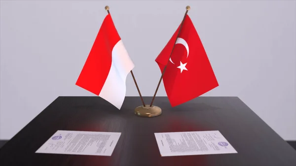 Indonesia and Turkey flags at politics meeting. Business deal 3D illustration.
