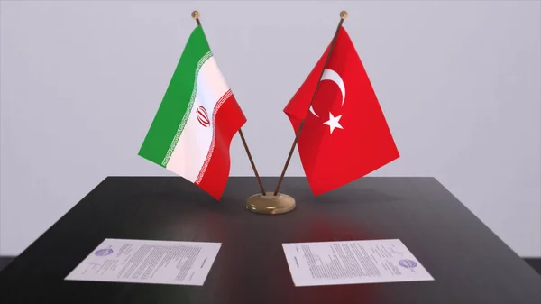 Iran and Turkey flags at politics meeting. Business deal 3D illustration.