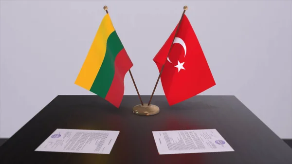 Lithuania and Turkey flags at politics meeting. Business deal 3D illustration.