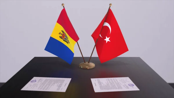 Moldova and Turkey flags at politics meeting. Business deal 3D illustration.