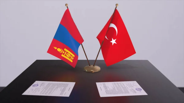 Mongolia and Turkey flags at politics meeting. Business deal 3D illustration.
