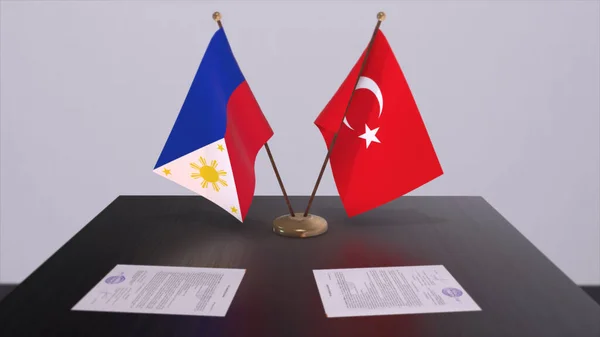 Philippines and Turkey flags at politics meeting. Business deal 3D illustration.