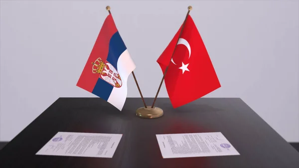 Serbia and Turkey flags at politics meeting. Business deal 3D illustration.