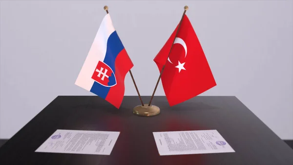 Slovakia and Turkey flags at politics meeting. Business deal 3D illustration.