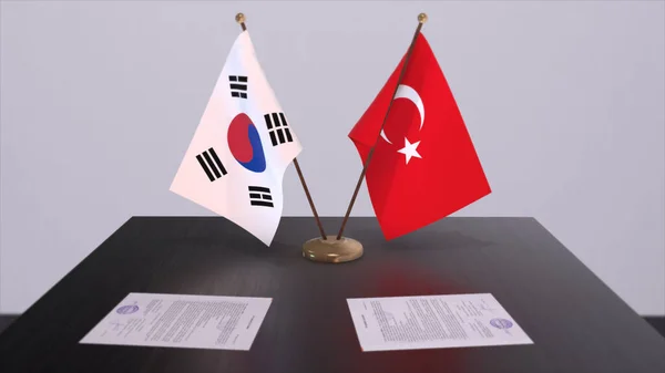 South Korea and Turkey flags at politics meeting. Business deal 3D illustration.