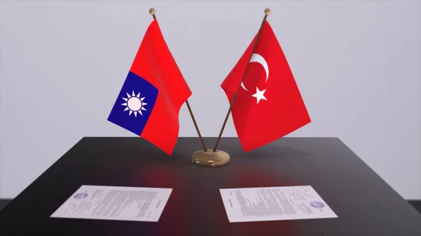 Taiwan and Turkey flags at politics meeting. Business deal 3D illustration.
