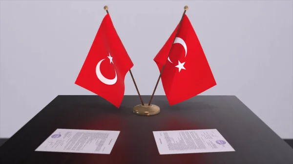 Turkey flags at politics meeting. Business deal 3D illustration.