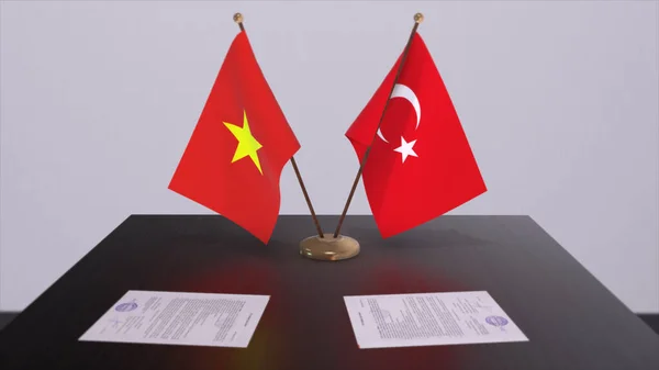 Vietnam and Turkey flags at politics meeting. Business deal 3D illustration.
