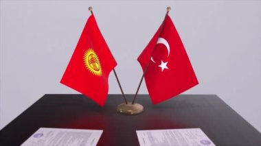 Kırgızistan ve Türkiye siyasi toplantıda bayrak sallıyor. İş anlaşması animasyonu