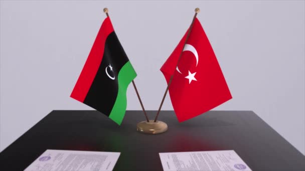 利比亚和土耳其在政治会议上高举国旗 商业交易动画 — 图库视频影像