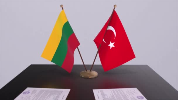 Litauen Och Turkiet Flaggar Vid Ett Politiskt Möte Verksamhet Affär — Stockvideo