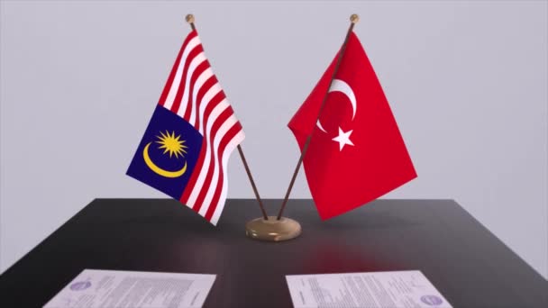 Flaggen Malaysias Und Der Türkei Beim Politischen Treffen Animation Von — Stockvideo
