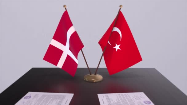 Denmark Turkey Flags Politics Meeting Business Deal Animation — Stock Video