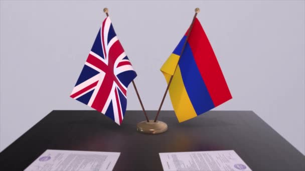 Flaga Armenii Wielkiej Brytanii Koncepcja Polityczna Umowa Partnerska Między Krajami — Wideo stockowe