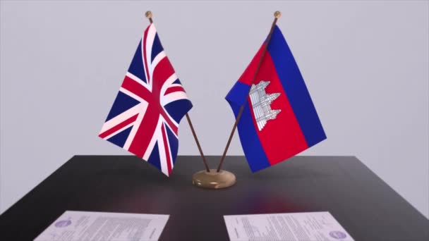 Kambodža Vlajka Spojeného Království Politický Koncept Partnerská Dohoda Mezi Zeměmi — Stock video