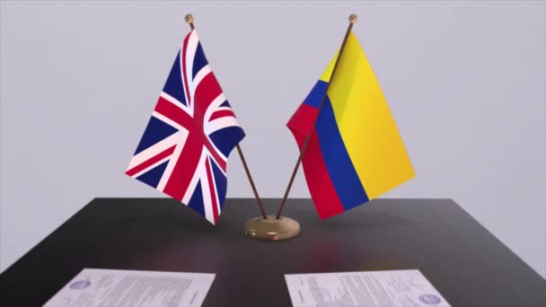 Kolumbie Vlajka Spojeného Království Politický Koncept Partnerská Dohoda Mezi Zeměmi — Stock video