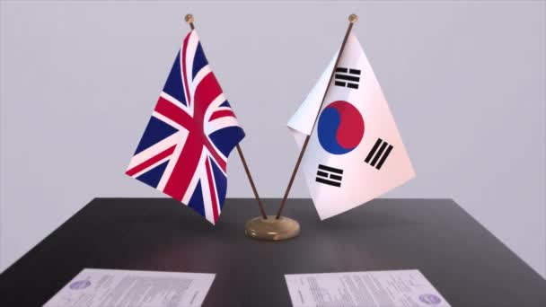 Dél Korea Egyesült Királyság Lobogója Politikai Koncepció Partneri Egyezség Két — Stock videók