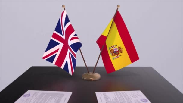 Flaga Hiszpanii Wielkiej Brytanii Koncepcja Polityczna Umowa Partnerska Między Krajami — Wideo stockowe