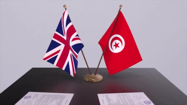 Tunisien Och Förenade Kungarikets Flagga Politiskt Koncept Partneravtal Mellan Länder — Stockvideo