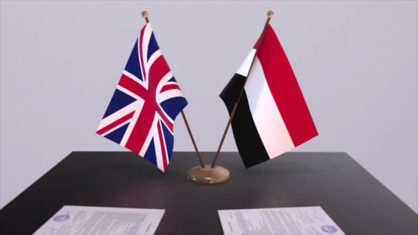 Jemen Och Förenade Kungarikets Flagga Politiskt Koncept Partneravtal Mellan Länder — Stockvideo
