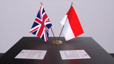 Indonesia and UK flag. Politics concept, partner deal beetween countries. Partnership agreement of governments 3D illustration.
