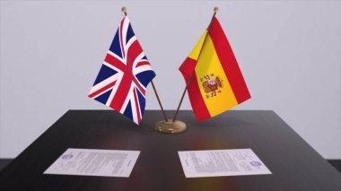 Spain and UK flag. Politics concept, partner deal beetween countries. Partnership agreement of governments 3D illustration.