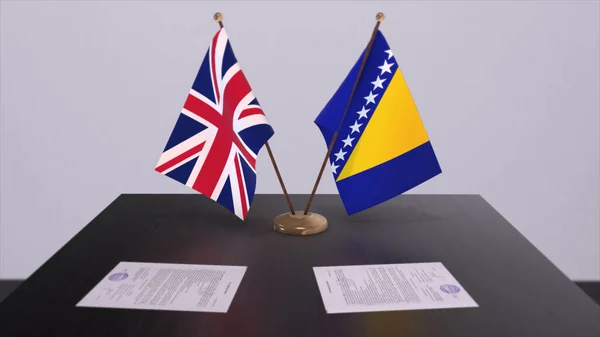 Bosnia and Herzegovina and UK flag. Politics concept, partner deal beetween countries. Partnership agreement of governments 3D illustration.
