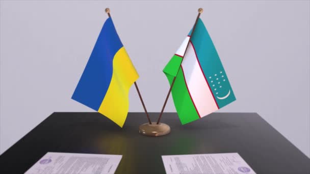 Флаги Узбекистана Украины Анимации Политических Встреч — стоковое видео