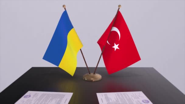 Fahnen Der Türkei Und Der Ukraine Bei Treffen Der Politiker — Stockvideo