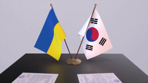 Flaggen Südkoreas Und Der Ukraine Bei Treffen Der Politiker — Stockvideo