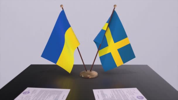 Schweden Und Ukraine Flaggen Bei Treffen Der Politiker — Stockvideo