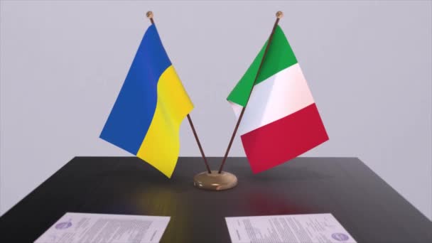 Fahnen Italiens Und Der Ukraine Bei Treffen Der Politiker — Stockvideo