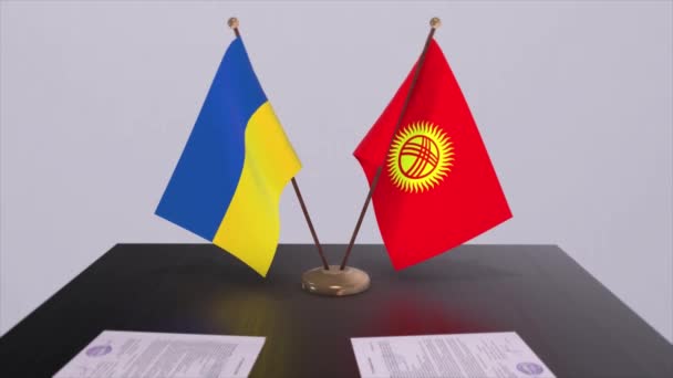 Kirgisistan Und Ukraine Flaggen Auf Politik Treffen Animation — Stockvideo