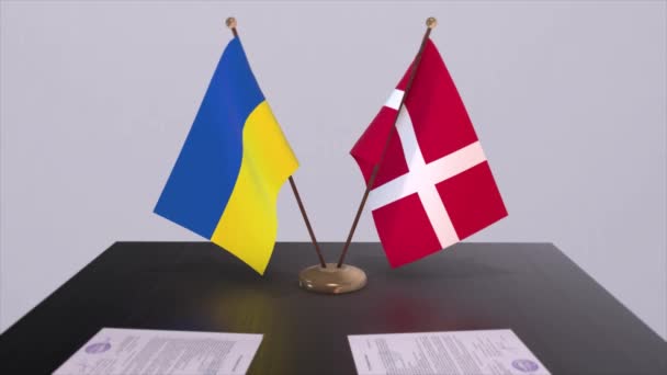 Denmark Dan Ukraina Bendera Pada Animasi Pertemuan Politik — Stok Video